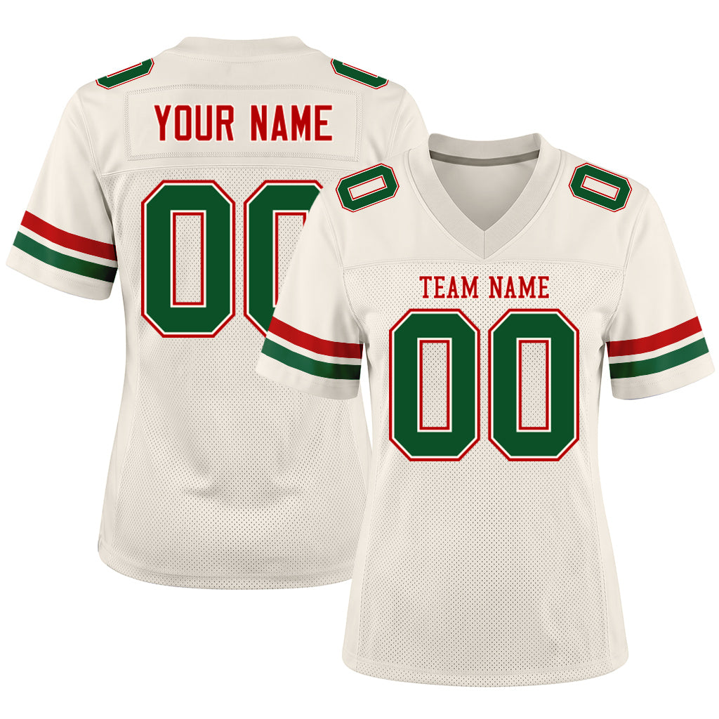 Custom Cream Kelly Green-Red Mesh Football Jersey