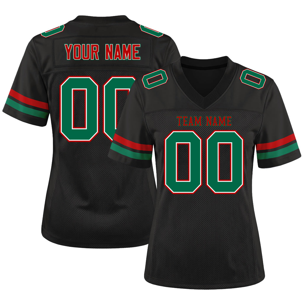 Custom Black Kelly Green-Red Mesh Football Jersey