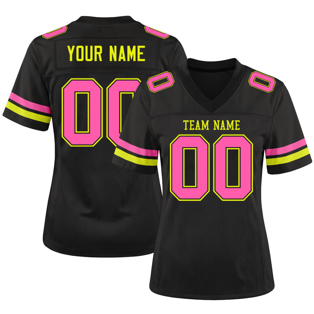 Custom Black Pink-Neon Yellow Mesh Football Jersey