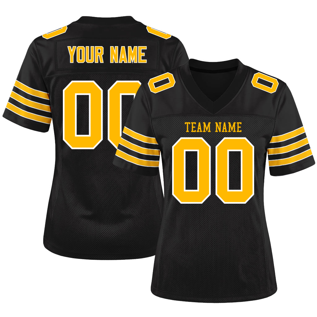 Custom Black Gold-White Mesh Football Jersey
