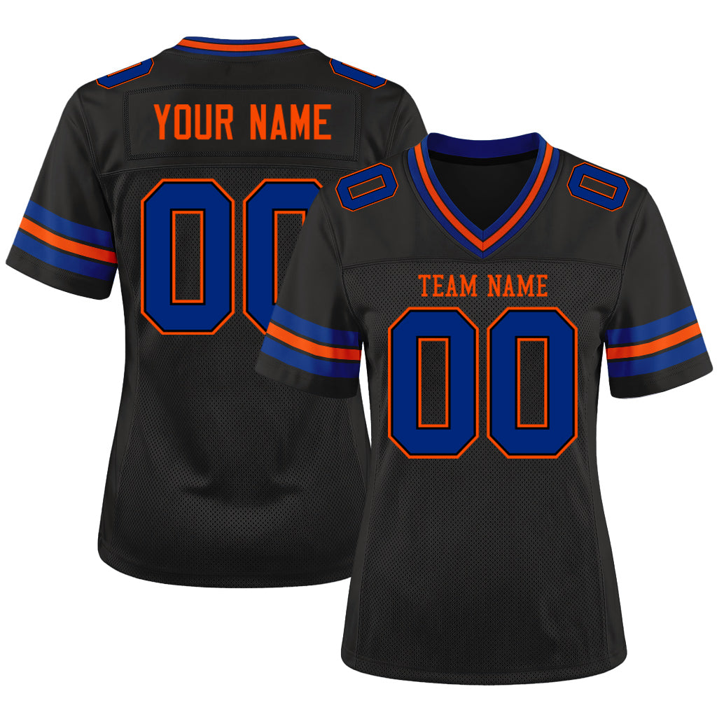 Custom Black Royal-Orange Mesh Football Jersey