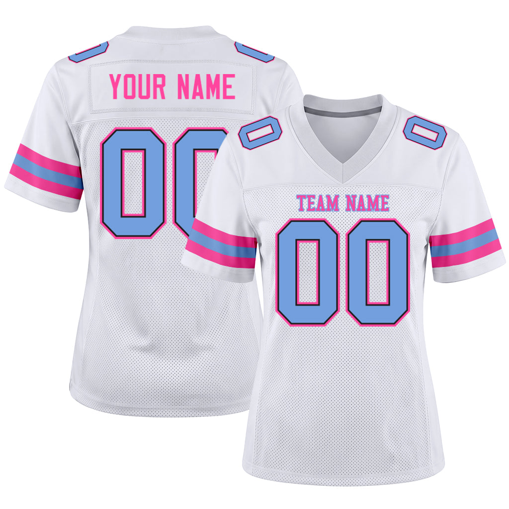 Custom White Light Blue-Pink Mesh Football Jersey