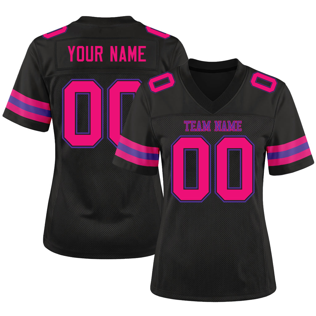 Custom Black Hot Pink-Purple Mesh Football Jersey
