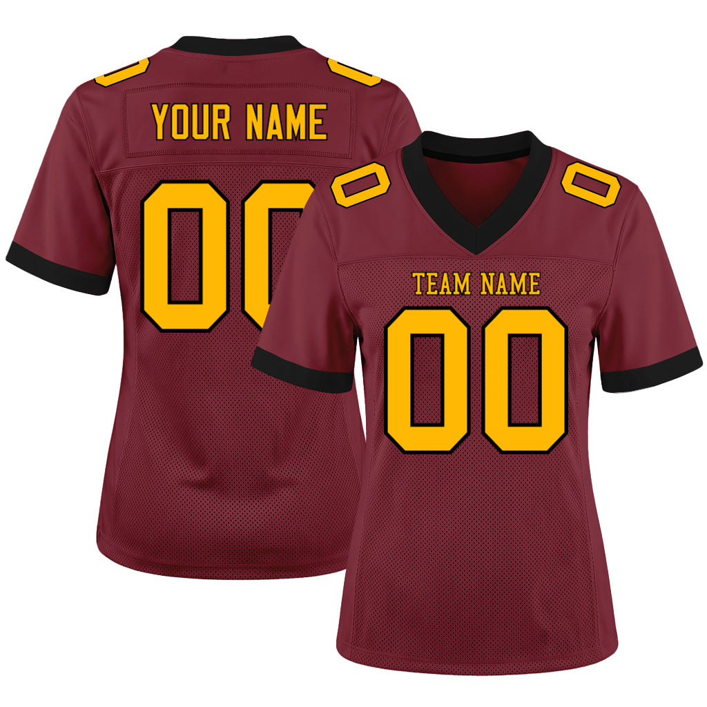 Custom Burgundy Gold-Black Mesh Football Jersey