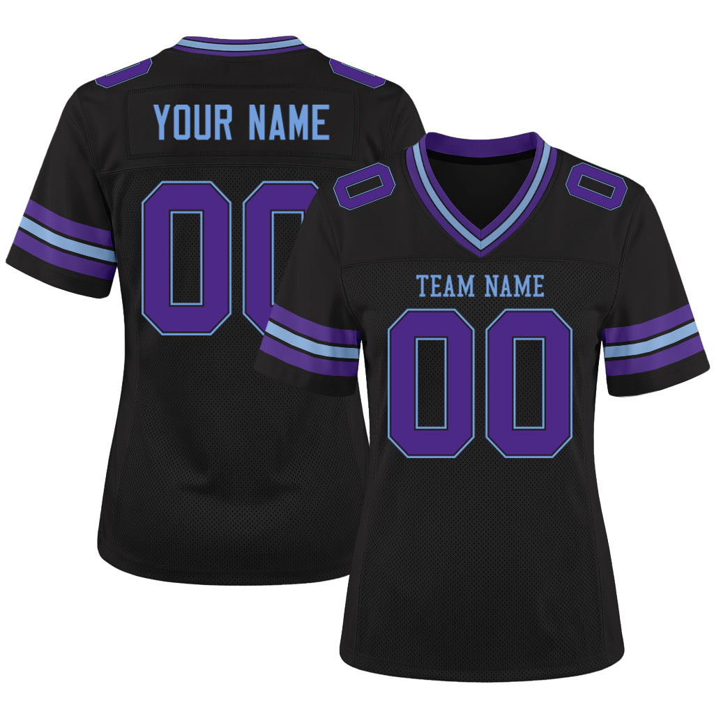 Custom Black Purple-Light Blue Mesh Football Jersey