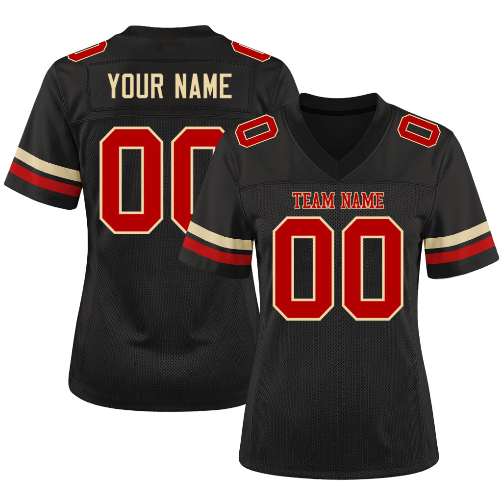 Custom Black Red-Cream Mesh Football Jersey