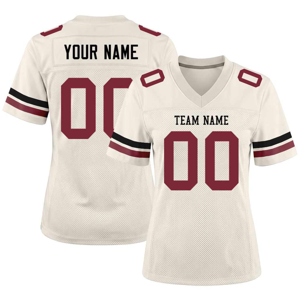 Custom Cream Black-Crimson Mesh Football Jersey