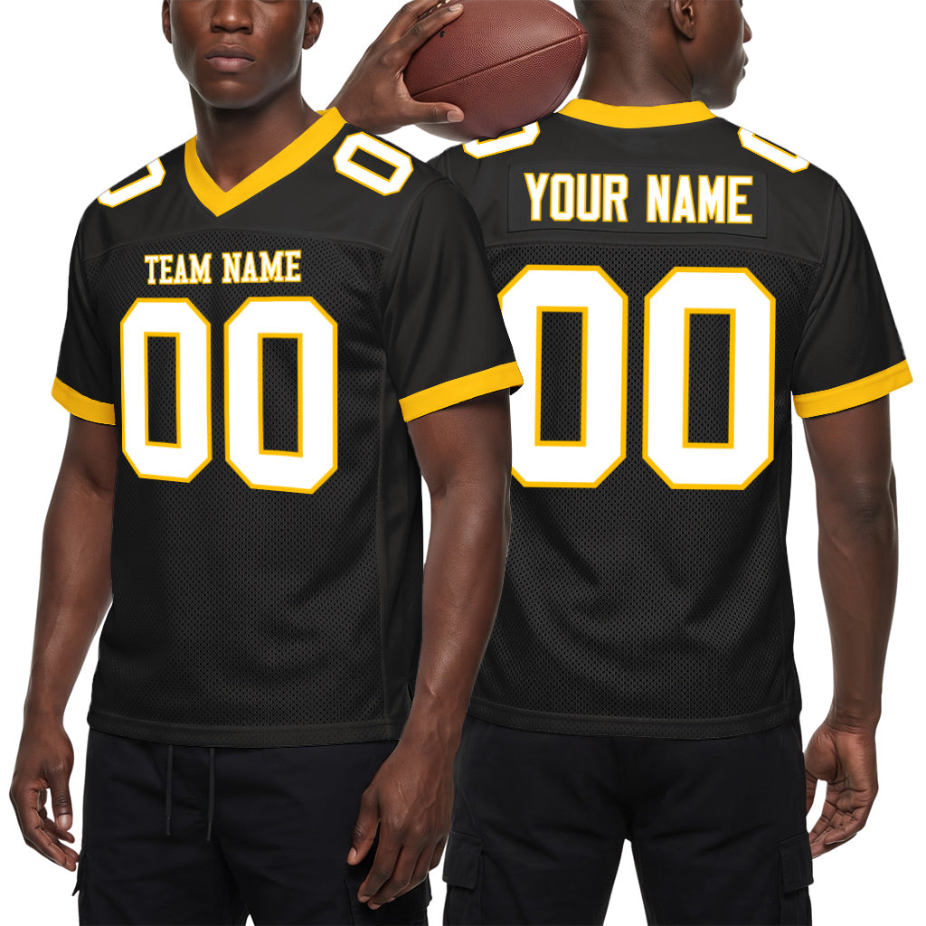 Custom Black White-Gold Mesh Football Jersey