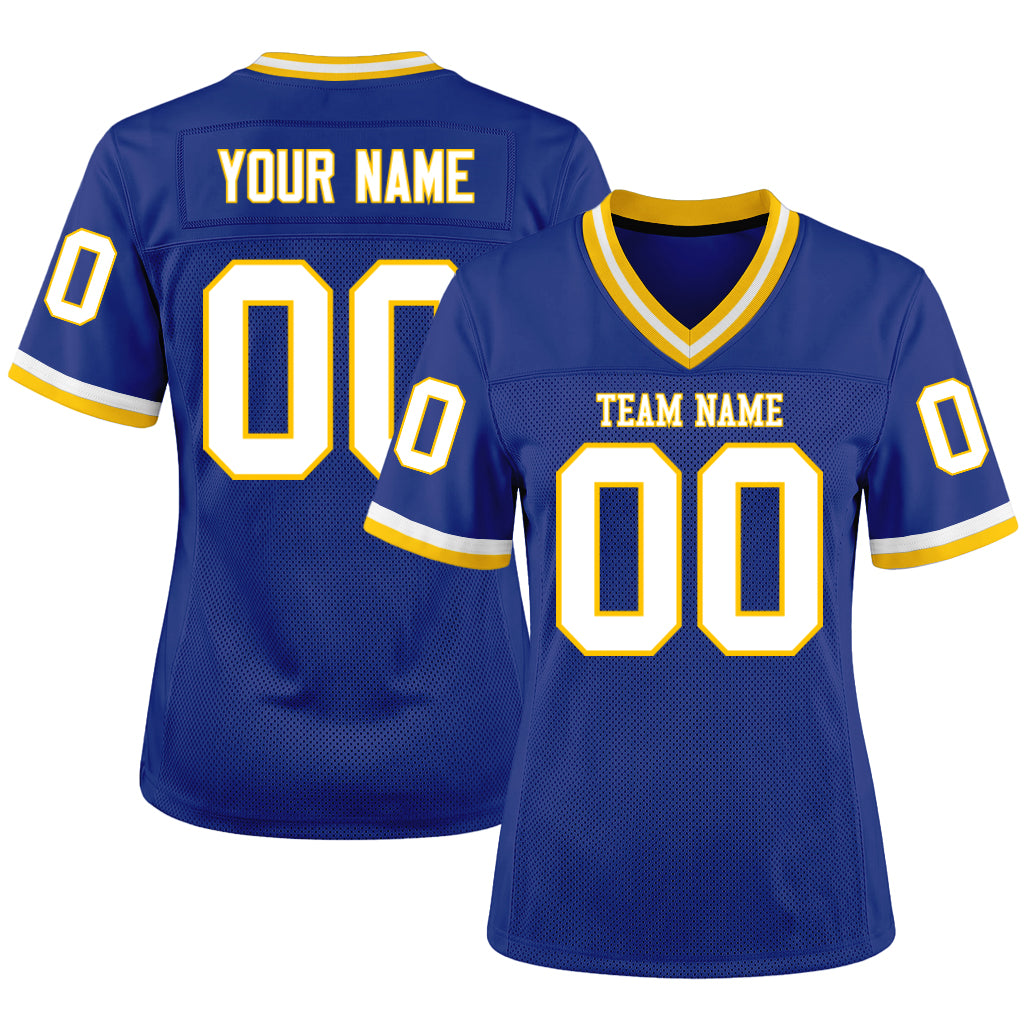 Custom Royal White-Gold Mesh Football Jersey