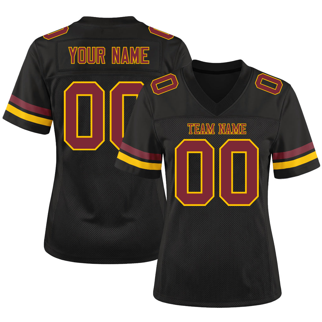 Custom Black Burgundy-Gold Mesh Football Jersey