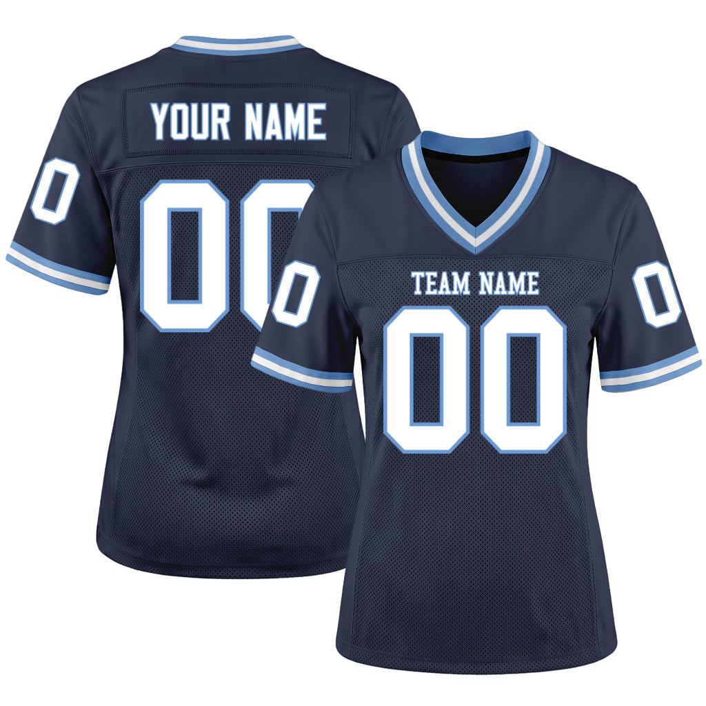 Custom Navy White-Light Blue Mesh Football Jersey