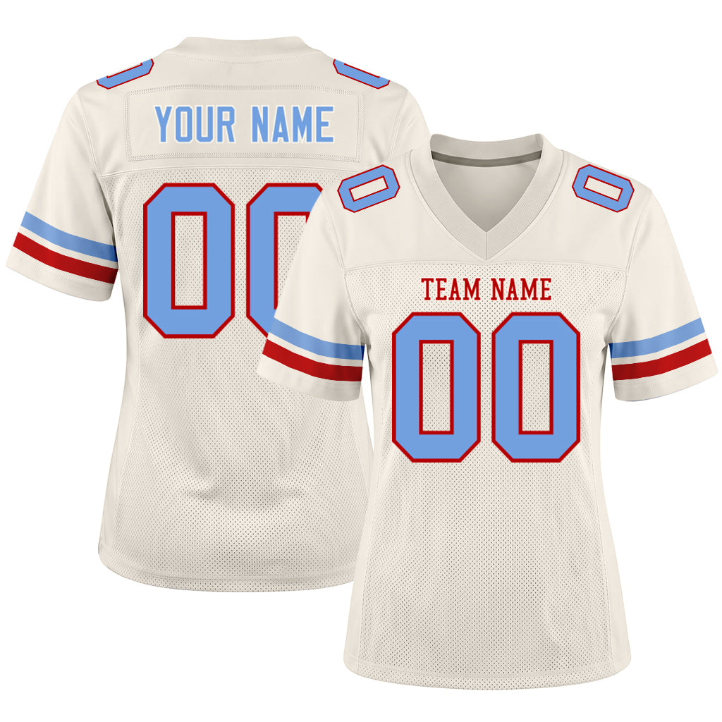 Custom Cream Light Blue-Red Mesh Football Jersey