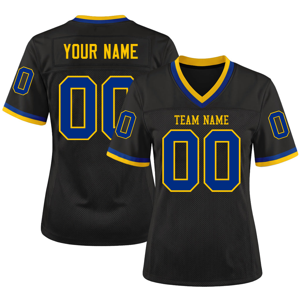 Custom Black Royal-Gold Mesh Throwback Mesh Football Jersey