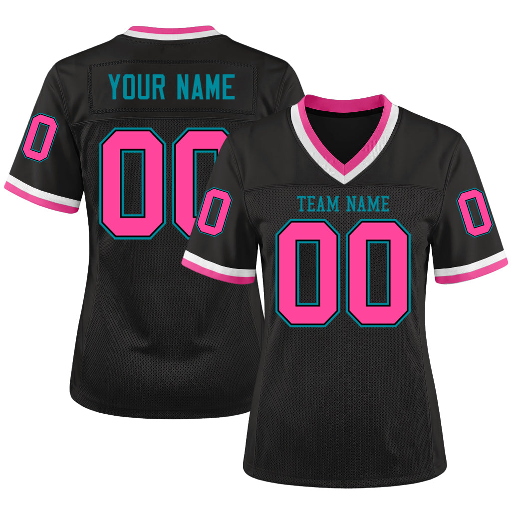 Custom Black Pink-Teal Mesh Throwback Mesh Football Jersey