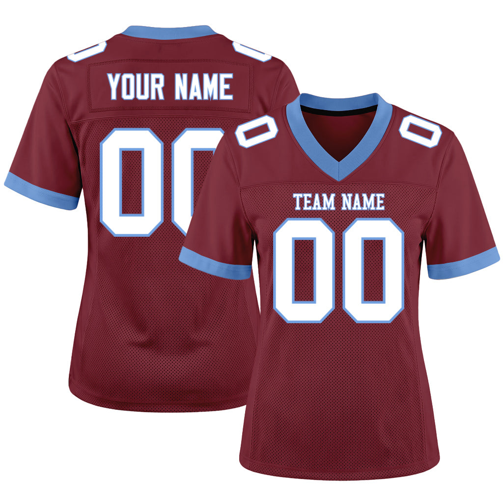 Custom Burgundy White-Electric Blue Mesh Football Jersey