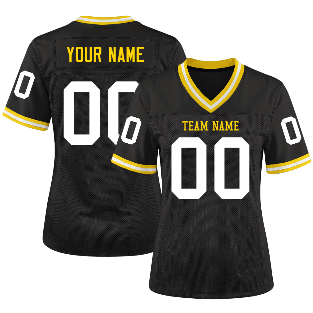 Custom Black White-Gold Mesh Throwback Mesh Football Jersey
