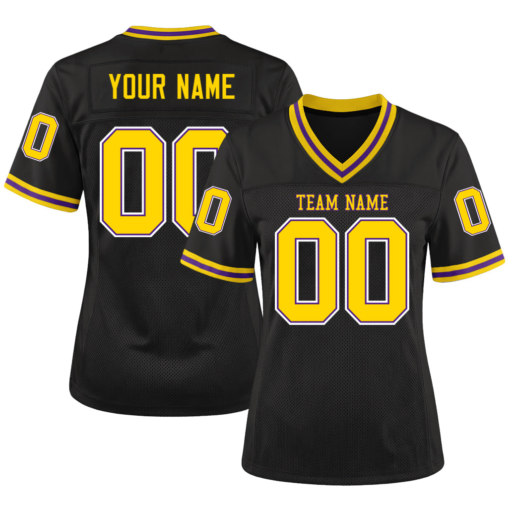 Custom Black Gold-Purple Mesh Throwback Mesh Football Jersey