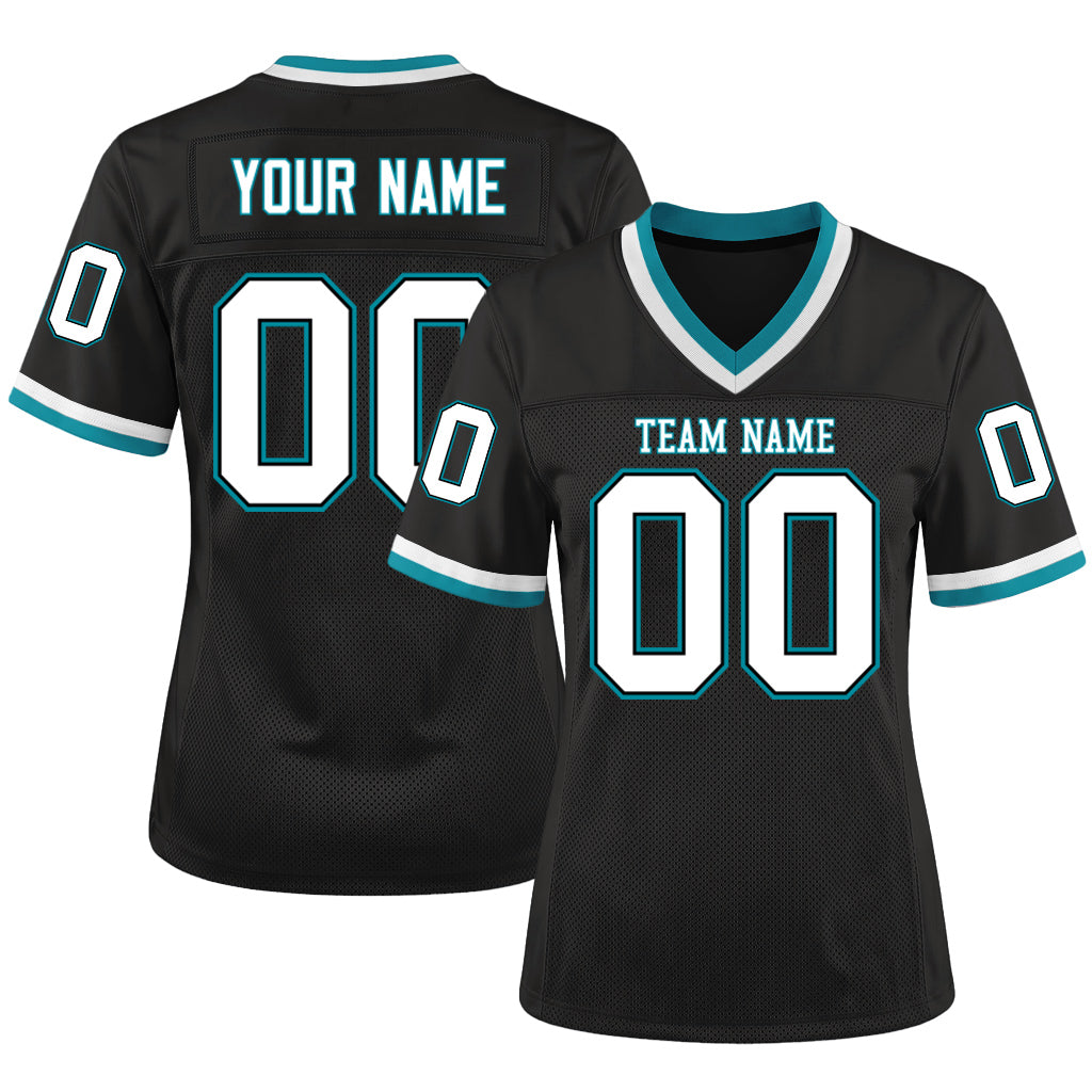 Custom Black White-Teal Mesh Throwback Mesh Football Jersey