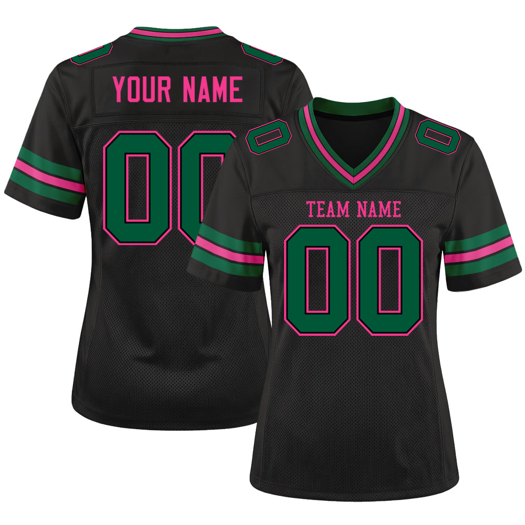 Custom Black Kelly Green-Pink Mesh Football Jersey