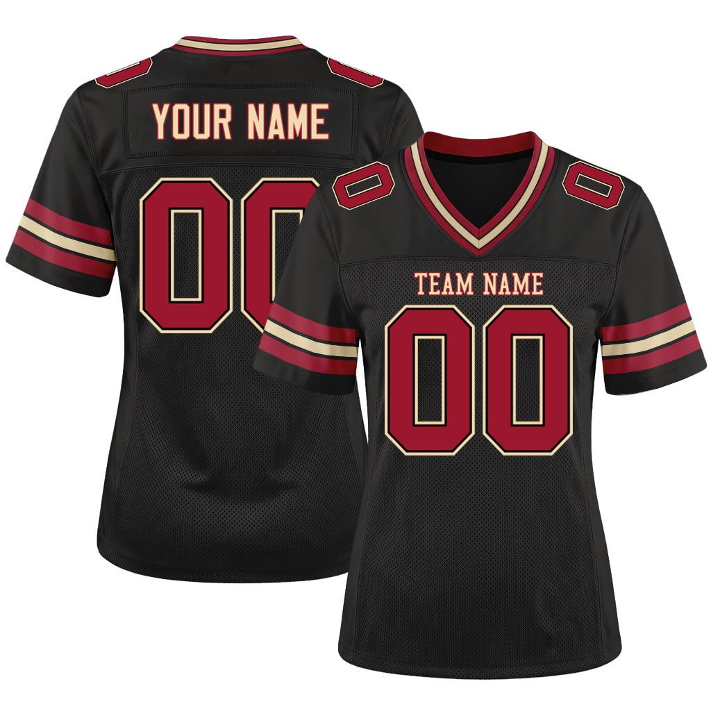 Custom Black Crimson-City Cream Mesh Football Jersey