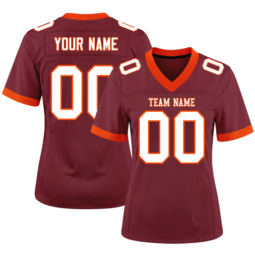 Custom Burgundy White-Orange Mesh Football Jersey