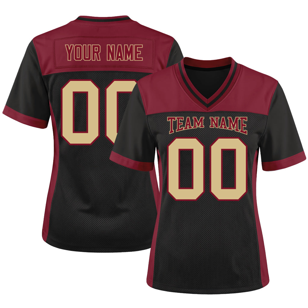Custom Black Cream-Crimson Mesh Football Jersey
