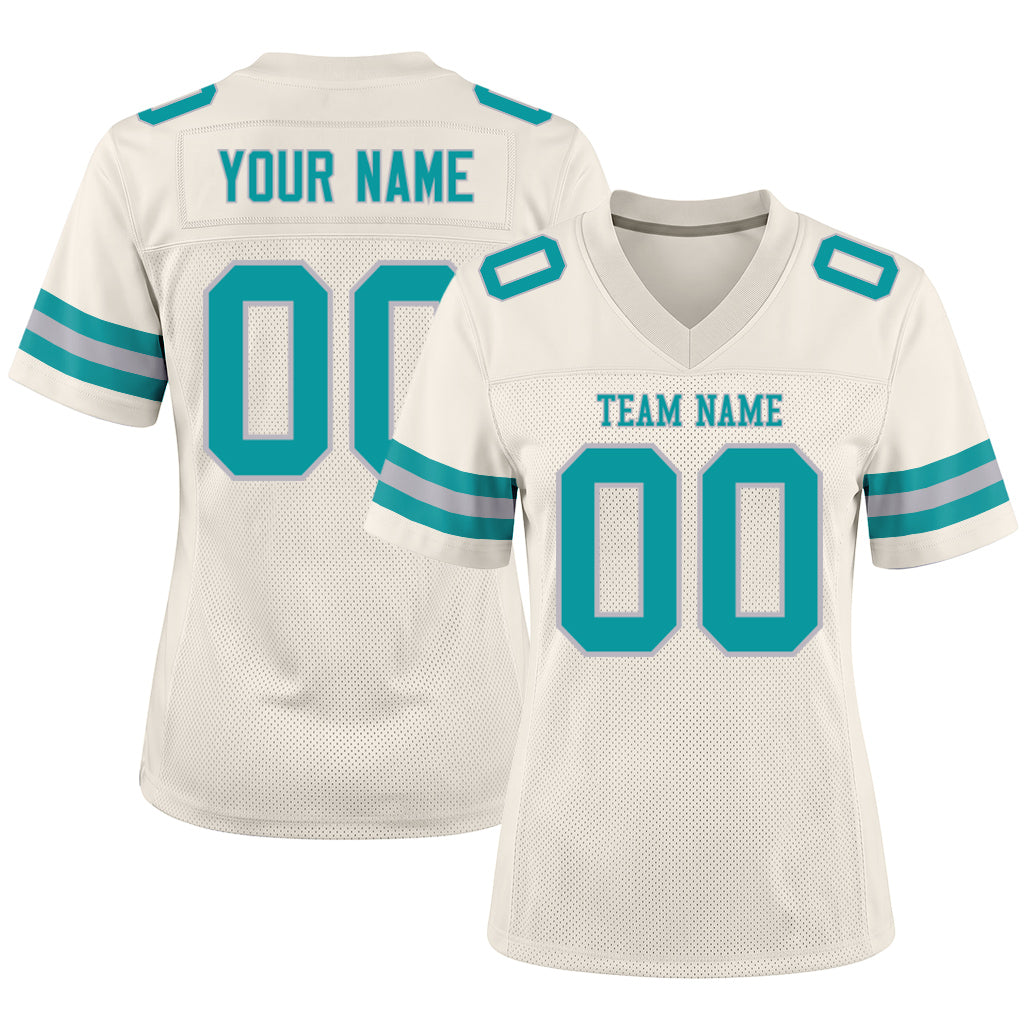 Custom Cream Teal-Gray Mesh Football Jersey