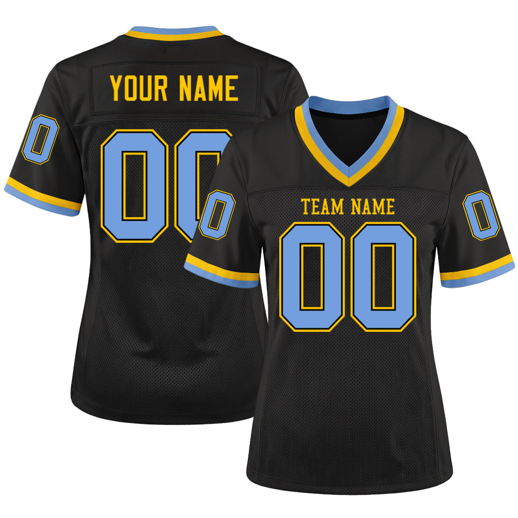 Custom Black Light Blue-Gold Mesh Throwback Mesh Football Jersey