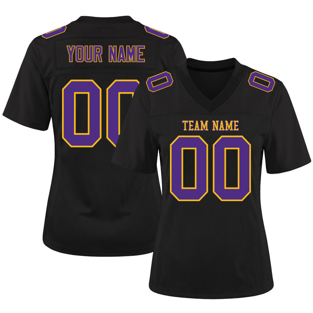 Custom Black Purple-Gold Mesh Football Jersey