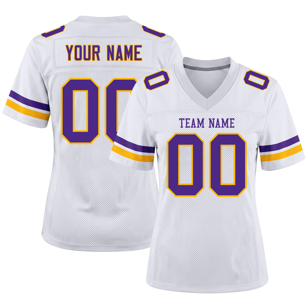 Custom White Purple-Gold Mesh Football Jersey