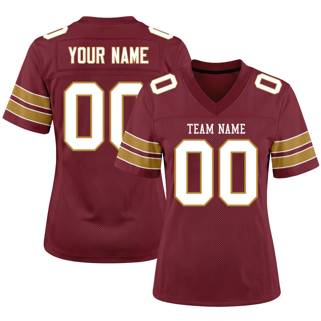 Custom Burgundy White-Old Gold Mesh Football Jersey