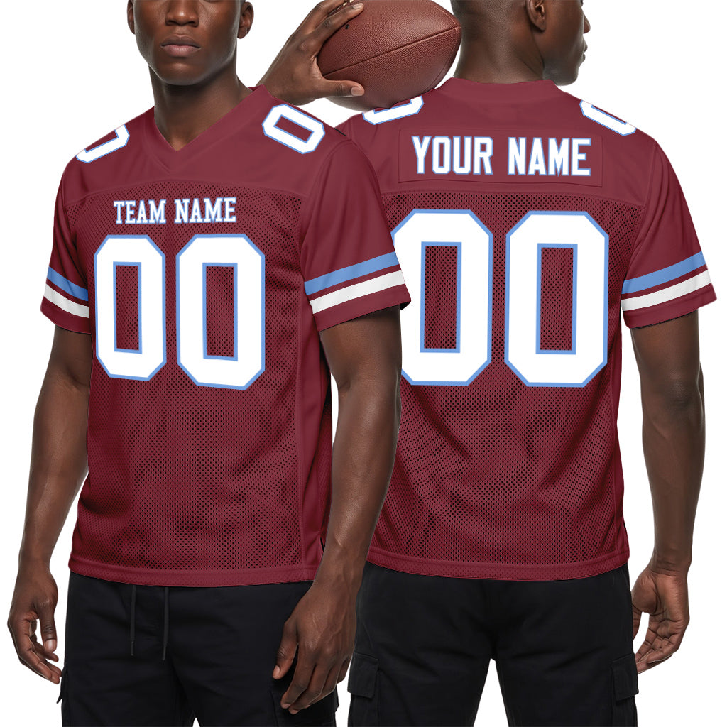 Custom Burgundy White-Light Blue Mesh Football Jersey
