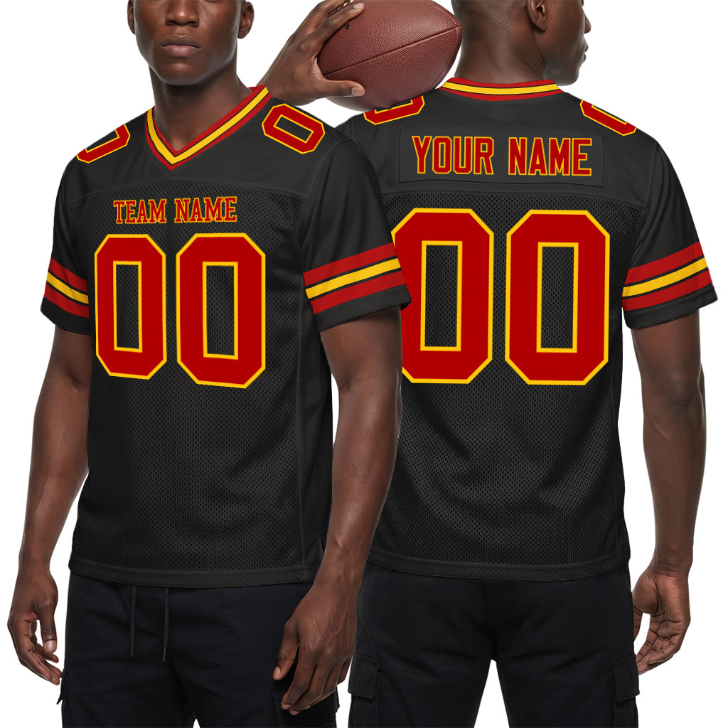 Custom Black Red-Gold Mesh Football Jersey