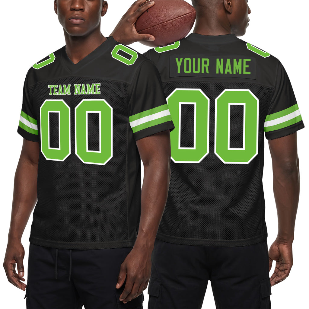 Custom Black Neon Green-White Custom Name Mesh Football Jersey
