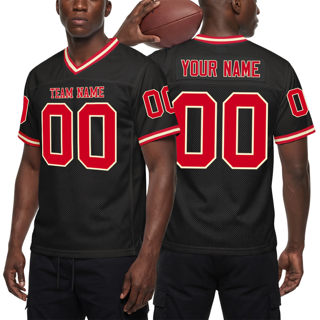 Custom Black Red-Cream Mesh Throwback Mesh Football Jersey