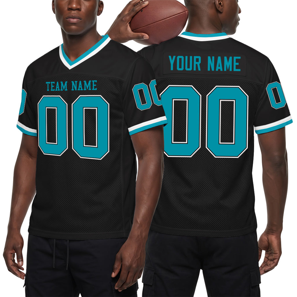 Custom Black Teal-White Mesh Football Jersey