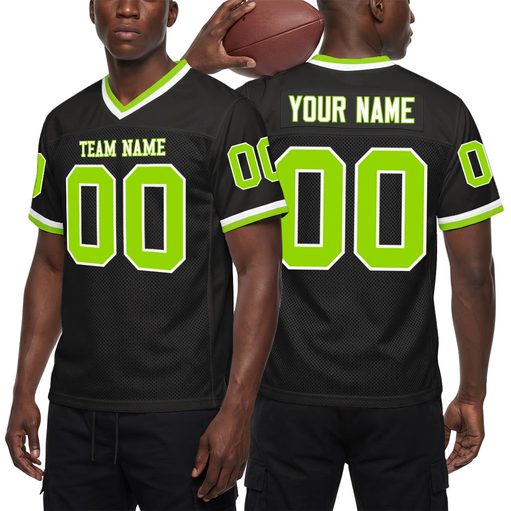 Custom Black Neon Green-White Mesh Throwback Mesh Football Jersey