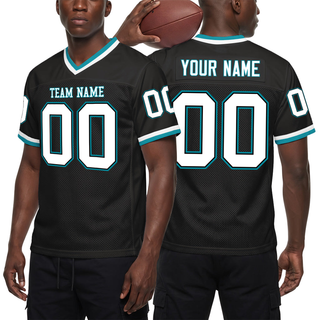 Custom Black White-Teal Mesh Throwback Mesh Football Jersey