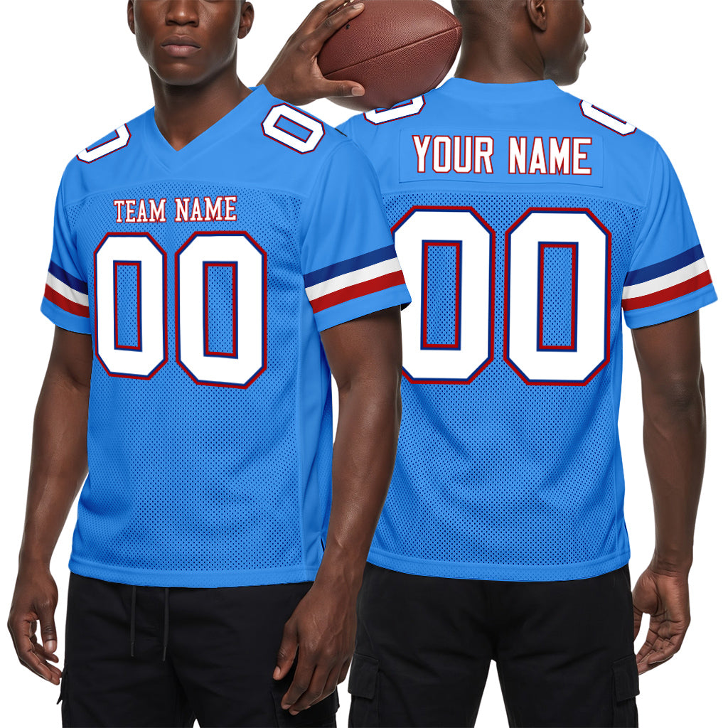 Custom Powder Blue White-Red Mesh Football Jersey