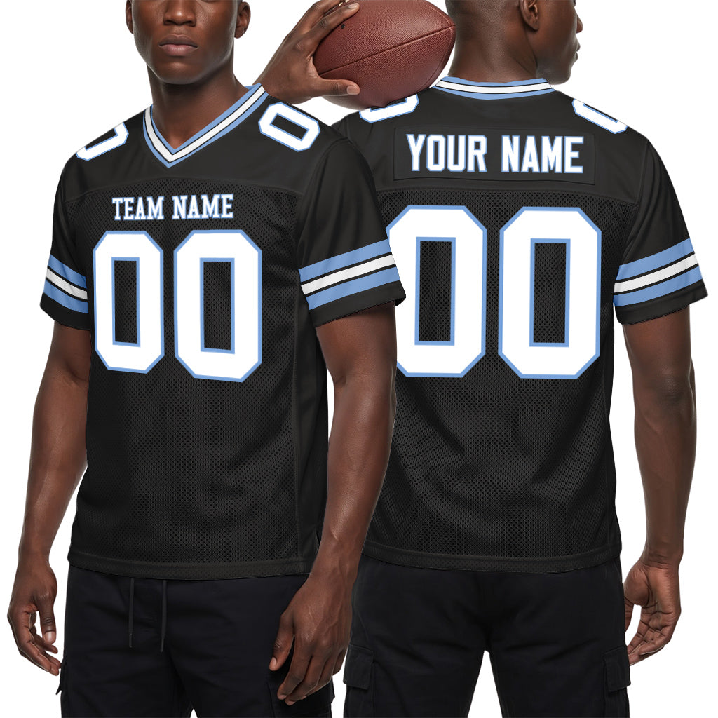 Custom Black White-Light Blue Mesh Football Jersey