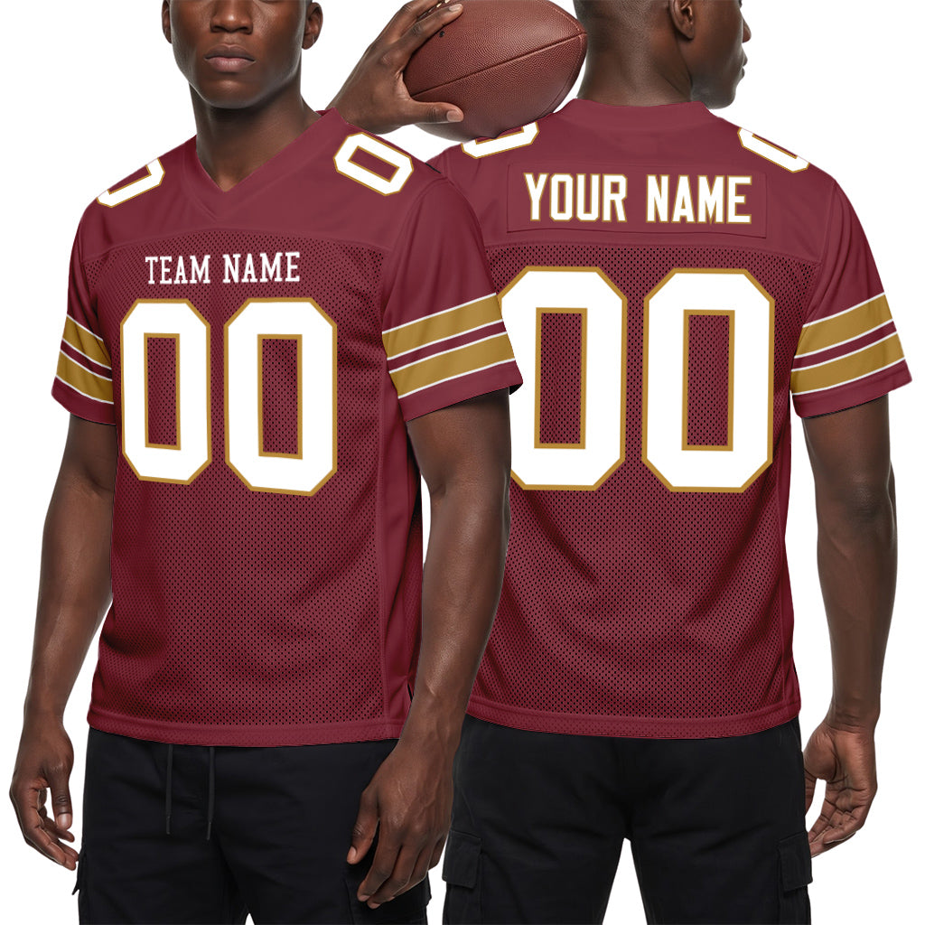 Custom Burgundy White-Old Gold Mesh Football Jersey