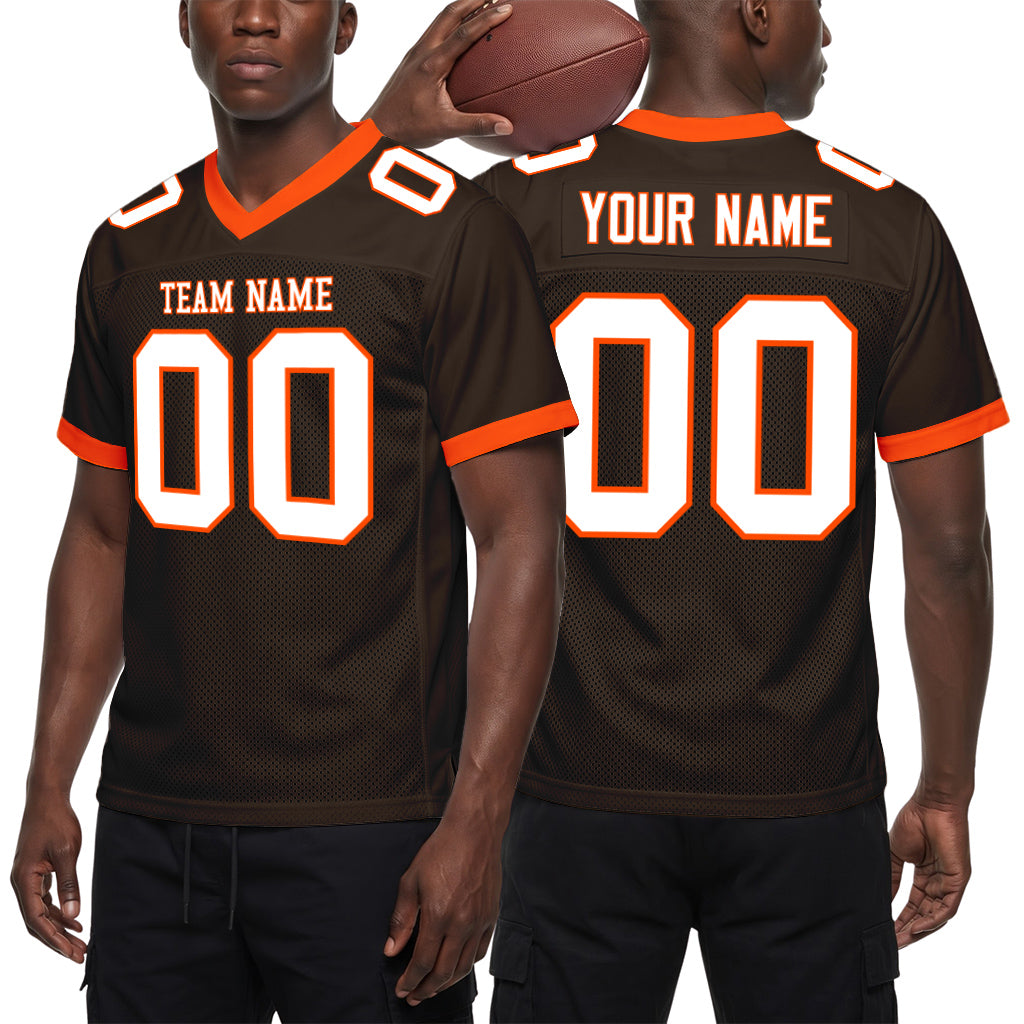Custom Brown White-Orange Mesh Football Jersey