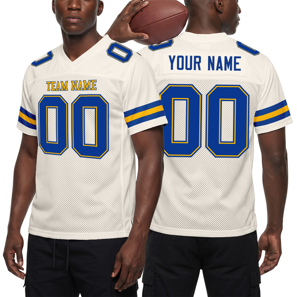 Custom Cream Royal-Gold Mesh Football Jersey