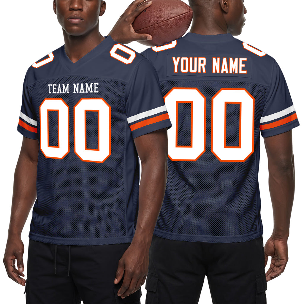 Custom Navy White-Orange Mesh Football Jersey