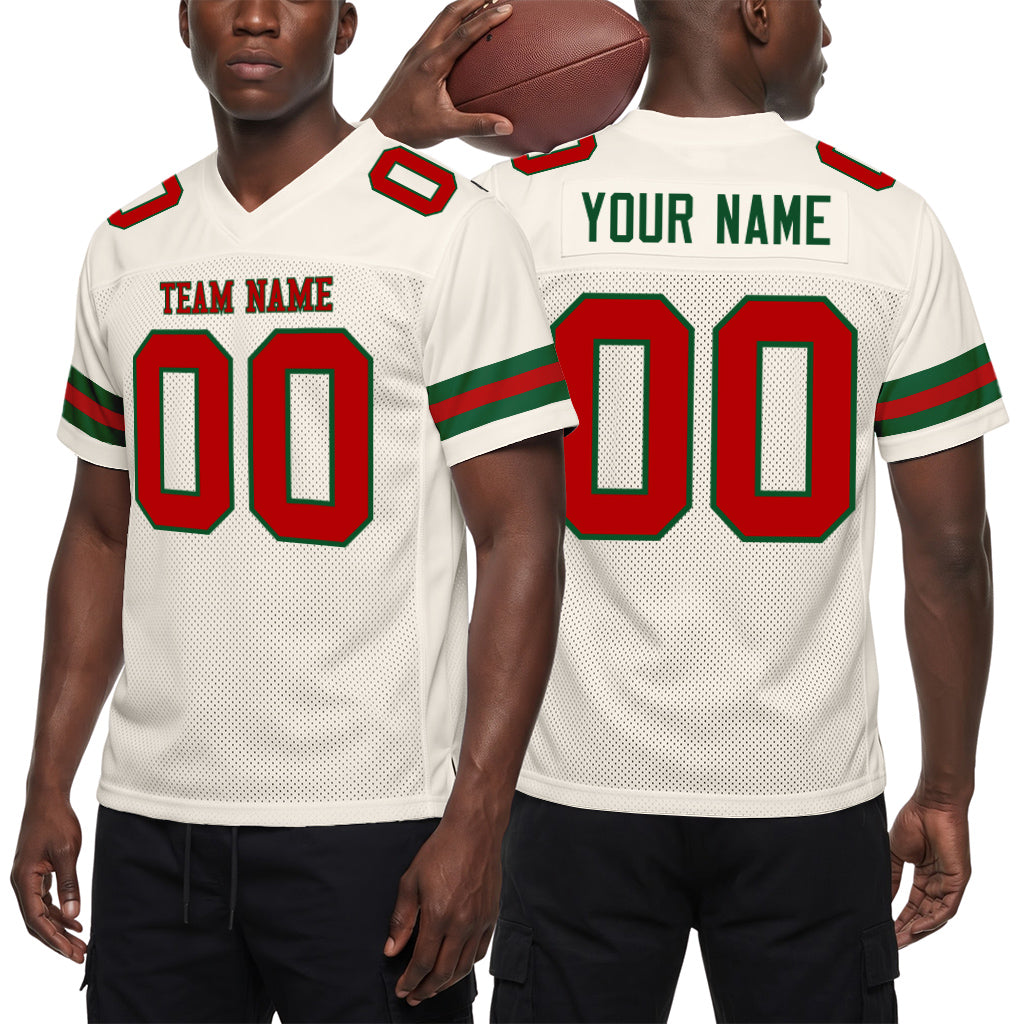 Custom Cream Red-Green Mesh Football Jersey
