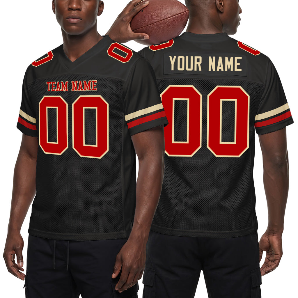 Custom Black Red-Cream Mesh Football Jersey