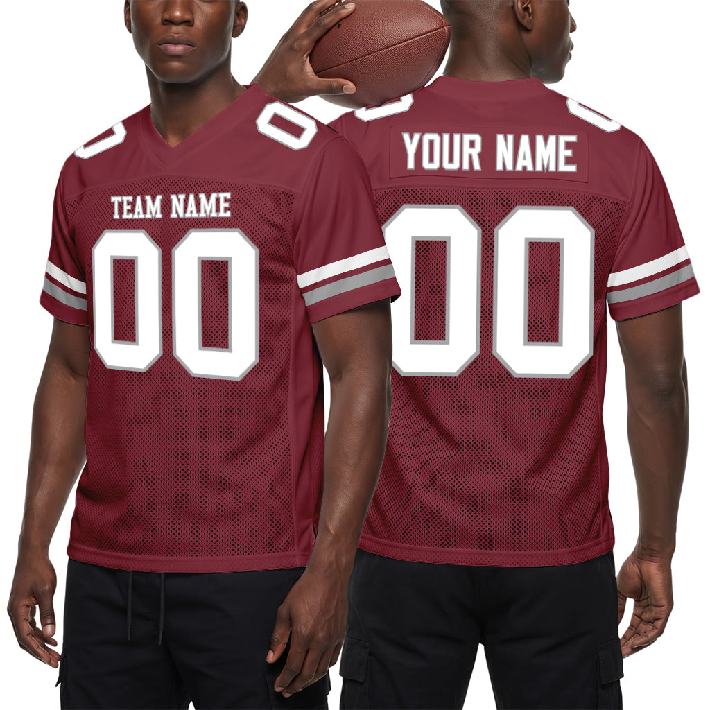 Custom Burgundy White-Gray Mesh Football Jersey