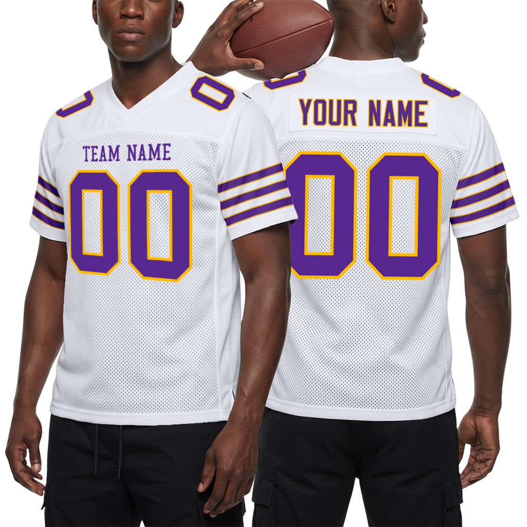 Custom White Purple-Gold Mesh Football Jersey