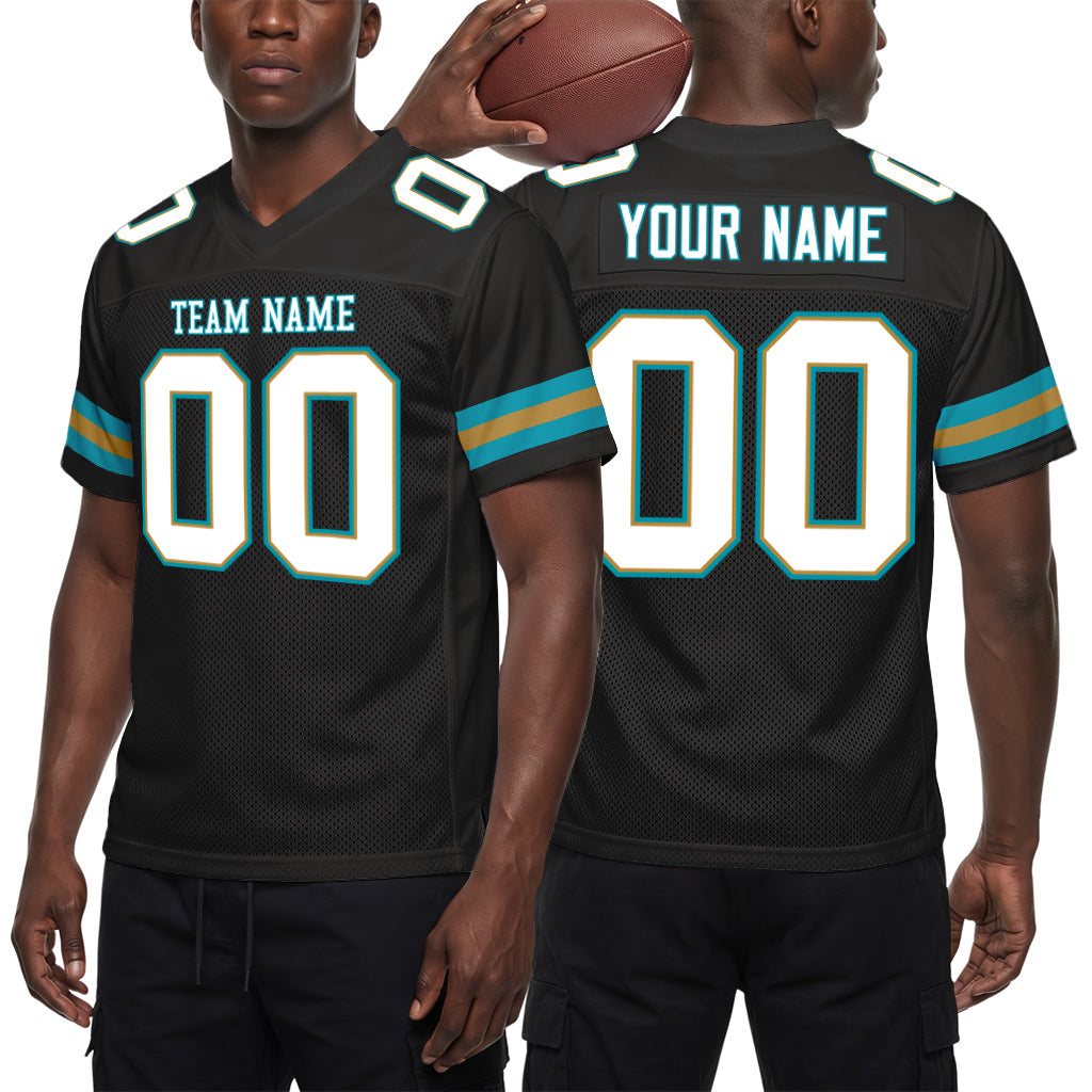 Custom Black White-Teal Mesh Football Jersey