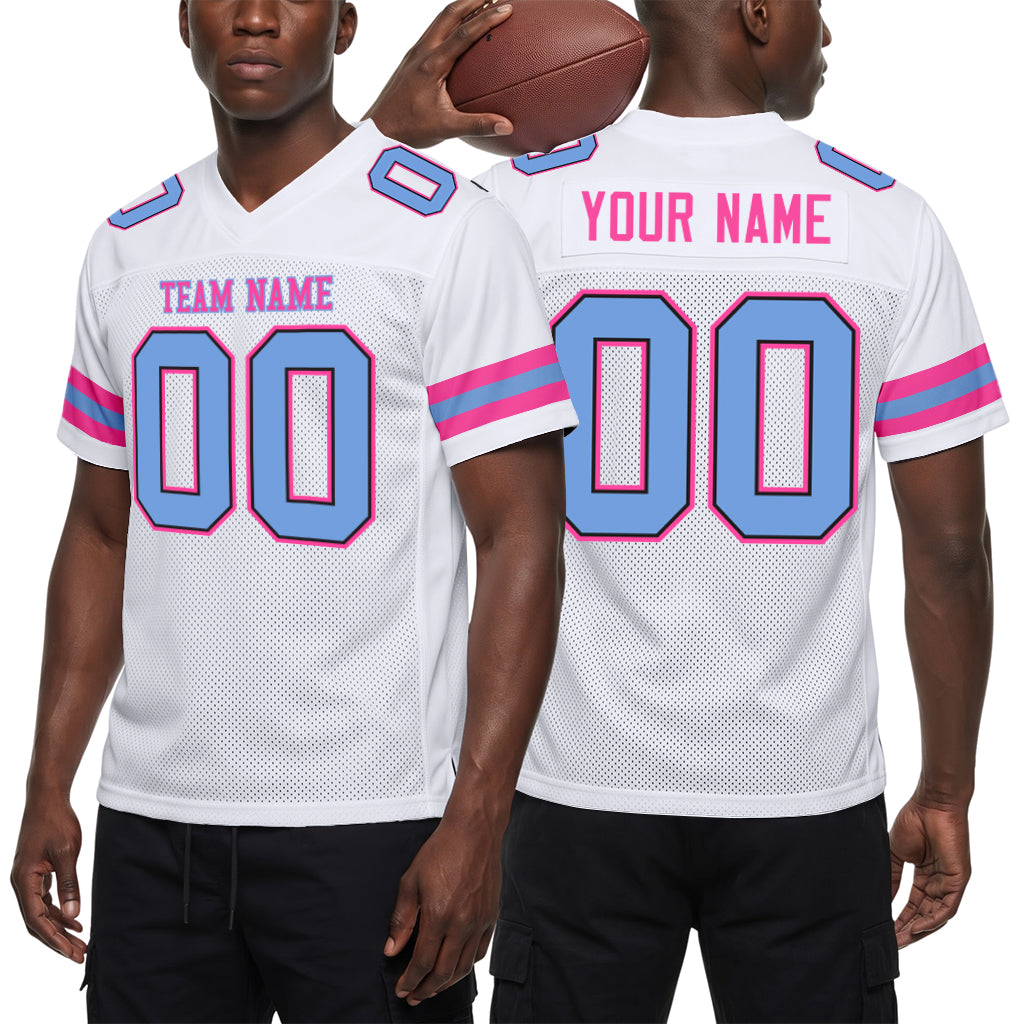 Custom White Light Blue-Pink Mesh Football Jersey